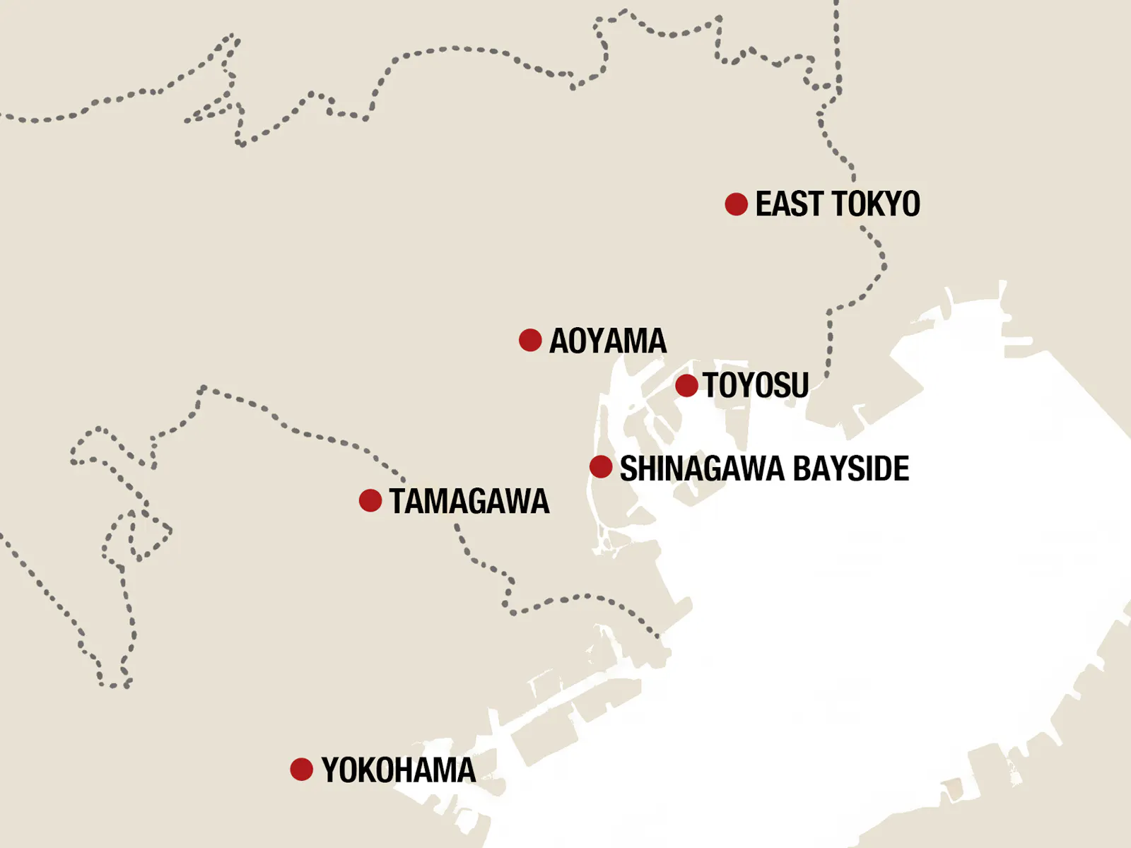 拠点マップ: EAST TOKYO / AOYAMA / TOYOSU / SHINAGAWA BAYSIDE / TAMAGAWA / YOKOHAMA