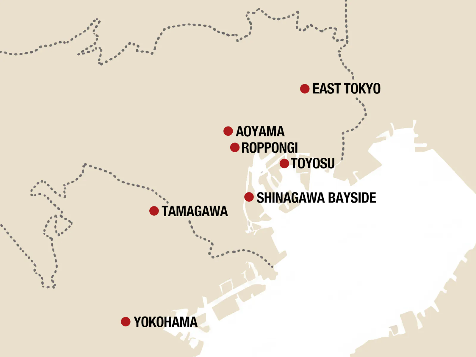 拠点マップ: EAST TOKYO / AOYAMA / ROPPONGI / TOYOSU / SHINAGAWA BAYSIDE / TAMAGAWA / YOKOHAMA